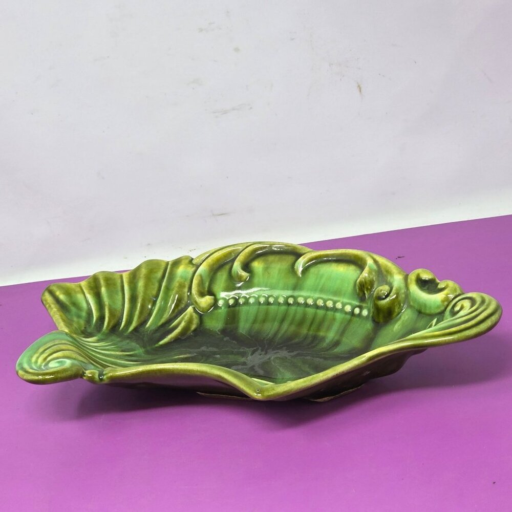 Vintage DeForest Of Calif Green Ceramic Leaf-Shaped Ornate Swirl & Beaded Design